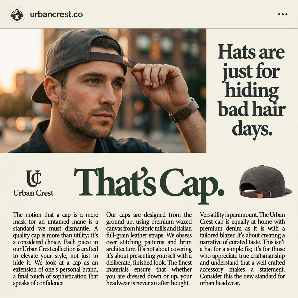 Square cap ad: man adjusting a backwards grey canvas cap, headline 'That's Cap.' and three columns of editorial copy on cream