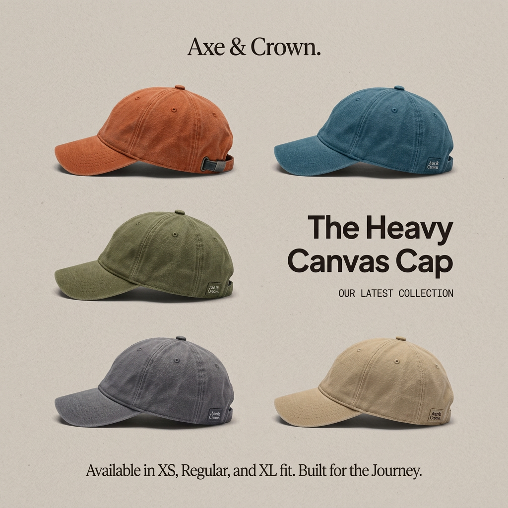 Five washed canvas caps in rust, teal, olive, grey and sand on beige paper with headline 'The Heavy Canvas Cap'
