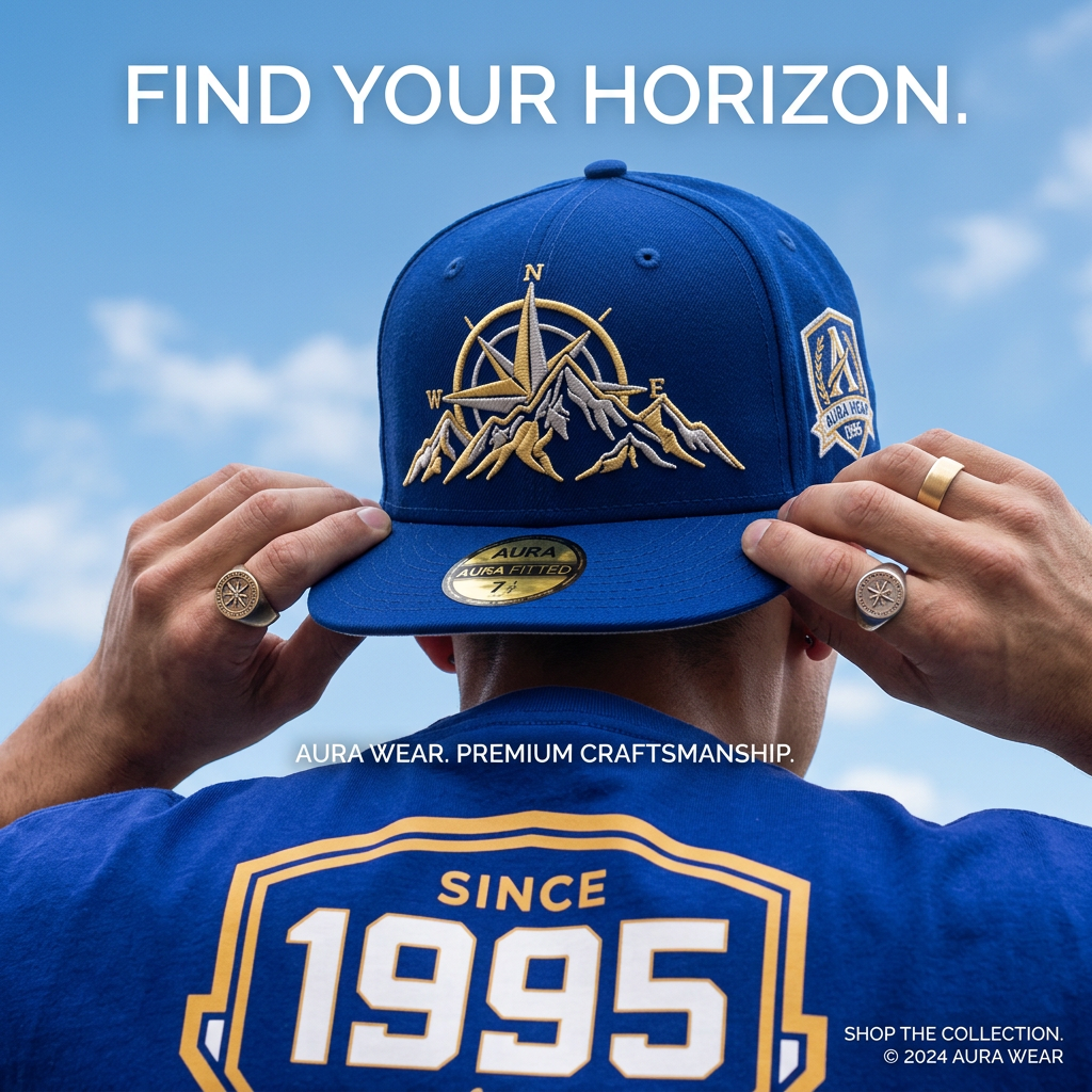 Man from behind adjusting a royal blue fitted cap with gold compass embroidery against sky, headline 'Find Your Horizon.'