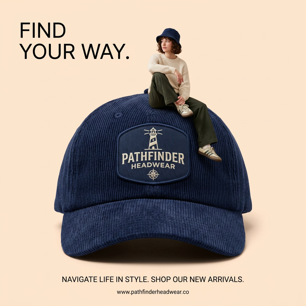 Small woman in bucket hat sitting on top of a giant navy corduroy cap with lighthouse patch, headline 'Find Your Way.'
