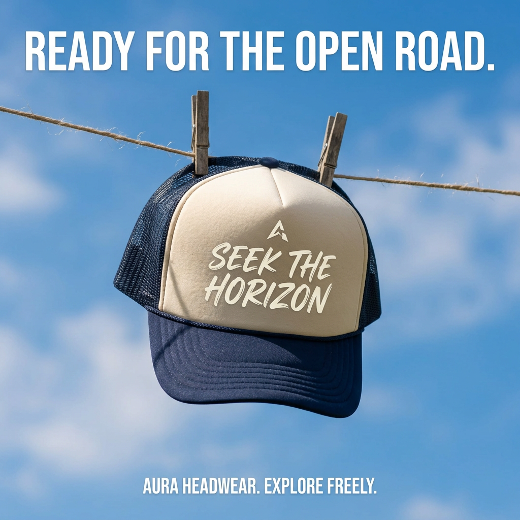 Navy and cream trucker hat printed 'Seek the Horizon' hanging on a clothesline with wooden pegs against blue sky