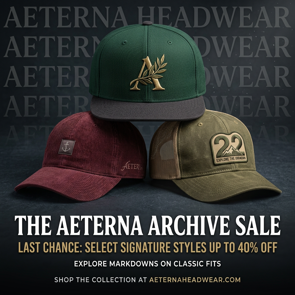 Three caps stacked on dark background, green snapback, burgundy corduroy and olive trucker, with 'Archive Sale up to 40% off'