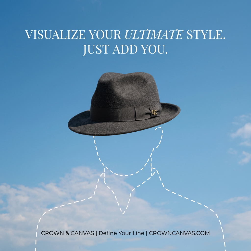 Charcoal felt fedora floating in blue sky above a white dashed outline of a person, headline 'Just Add You.'