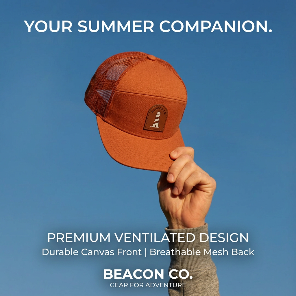 Hand raising a burnt orange trucker cap with lighthouse leather patch against blue sky, text 'Your Summer Companion.'
