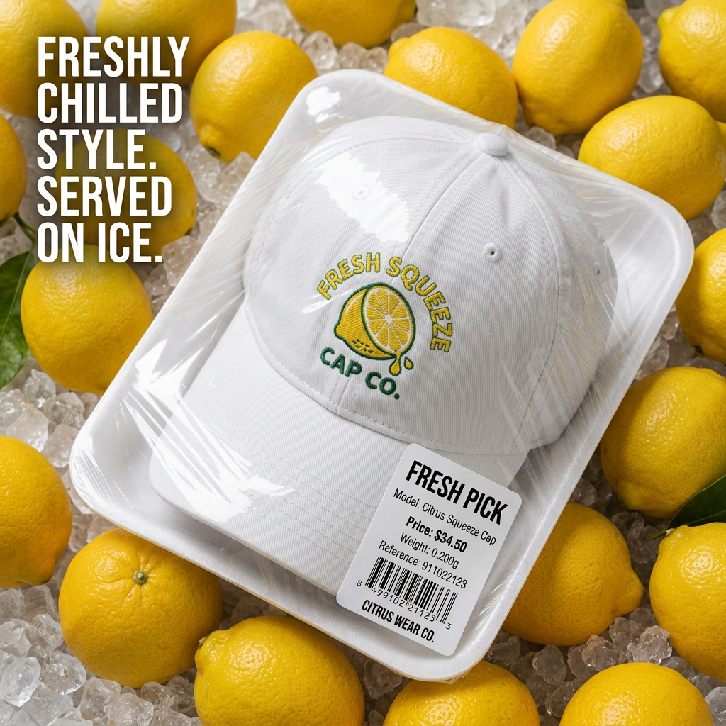 White cap with lemon logo shrink-wrapped on a supermarket tray with price label, on lemons and ice, 'Freshly Chilled Style.'