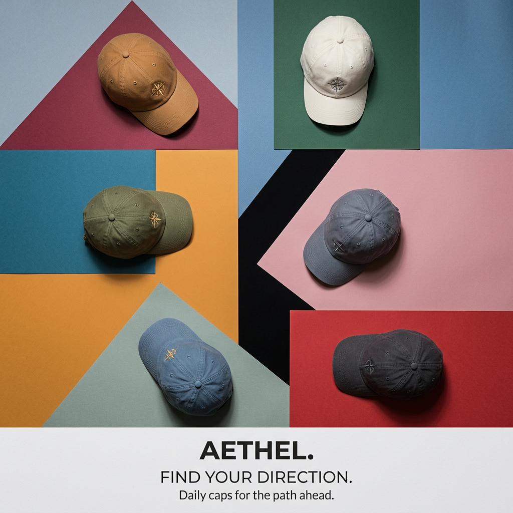 Six washed dad caps in tan, cream, olive, slate, blue and charcoal on colorful geometric paper shapes, footer 'Aethel.'