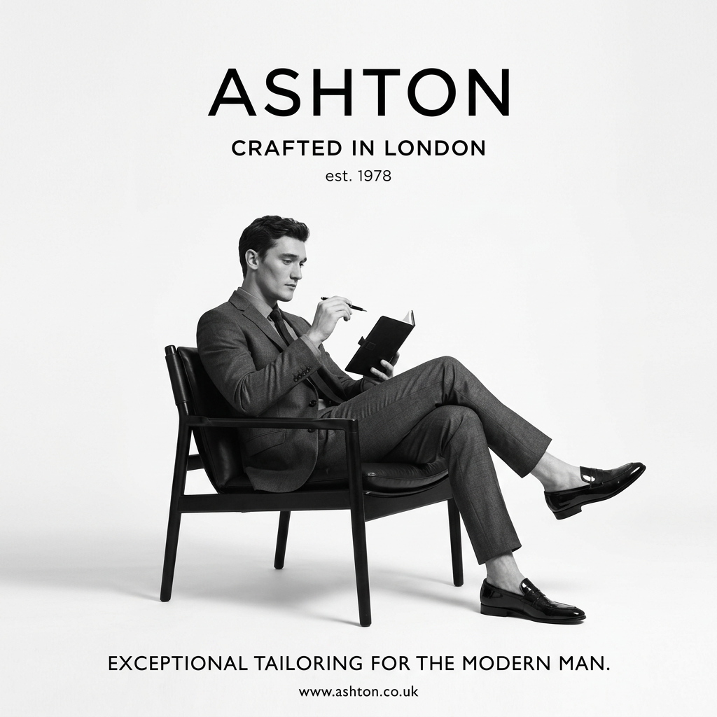 Black-and-white ad of a man in a grey suit writing in a notebook on a black leather chair, Ashton logo above