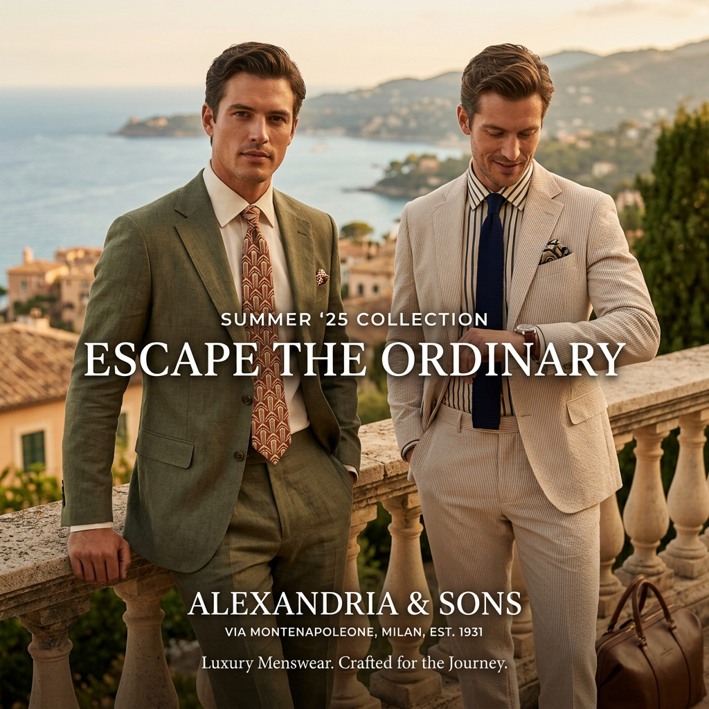 Two men in olive linen and beige seersucker suits leaning on a stone balustrade above a Mediterranean coastline