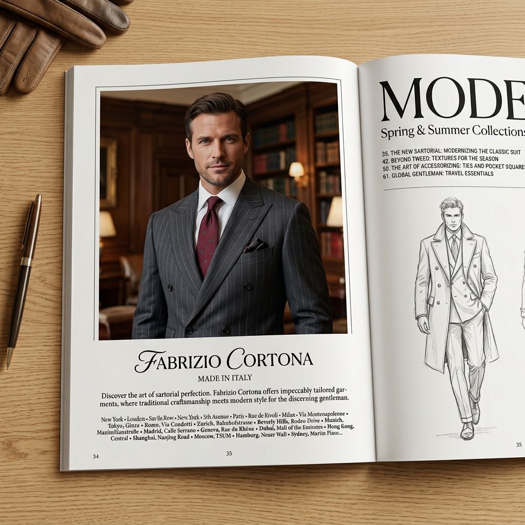 Open magazine on a wooden desk showing a man in a pinstripe double-breasted suit beside a fashion sketch page