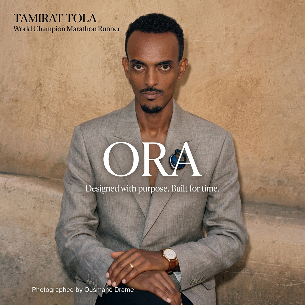 Man in a grey linen blazer with a brown leather-strap watch seated against an ochre plaster wall, ORA logo across chest
