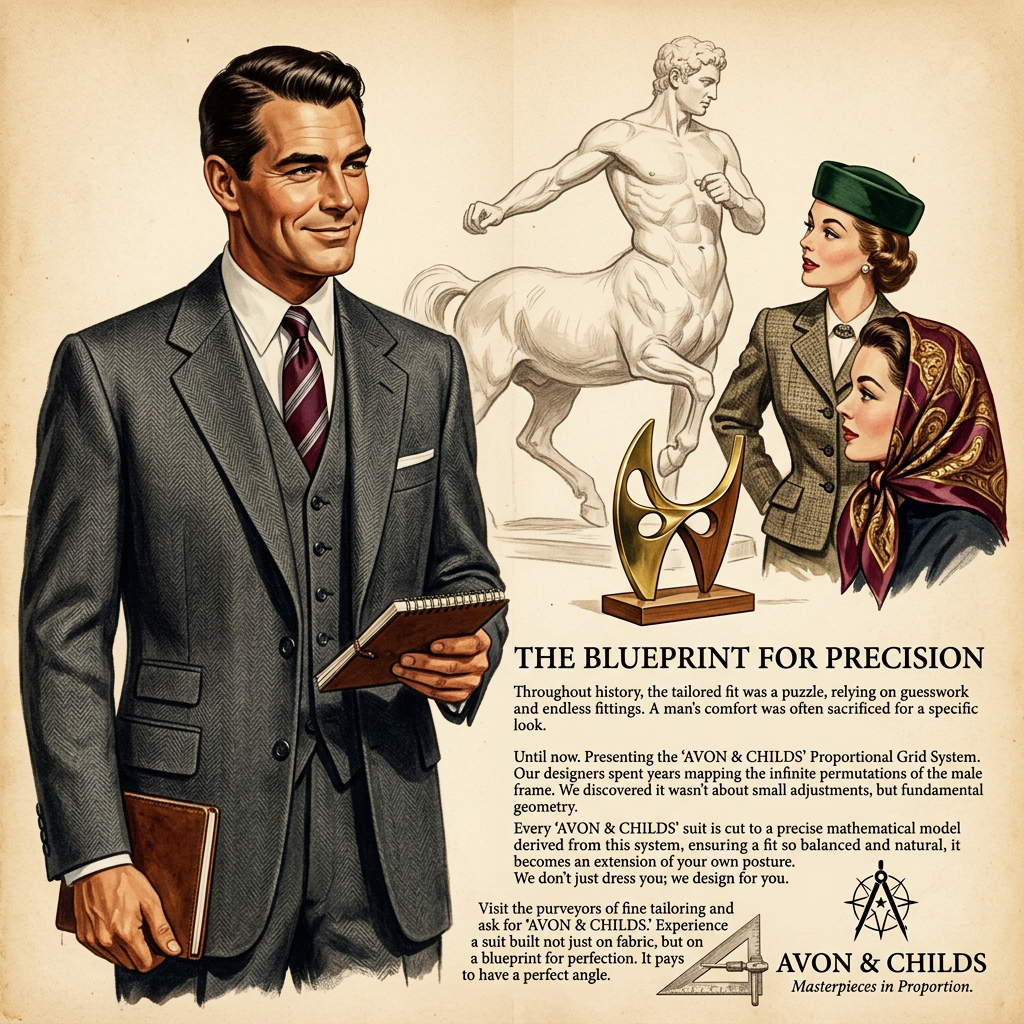 Retro illustrated ad of a smiling man in a grey three-piece suit, a centaur sketch, two women and long copy text