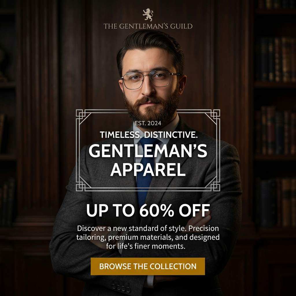 Bearded man in glasses and a grey suit with arms crossed in a dark library, art-deco frame and up to 60% off text