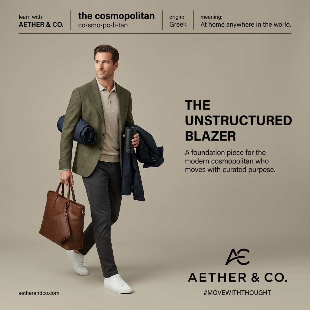 Man walking in an olive unstructured blazer, dark chinos and white sneakers carrying a leather tote, with a dictionary header