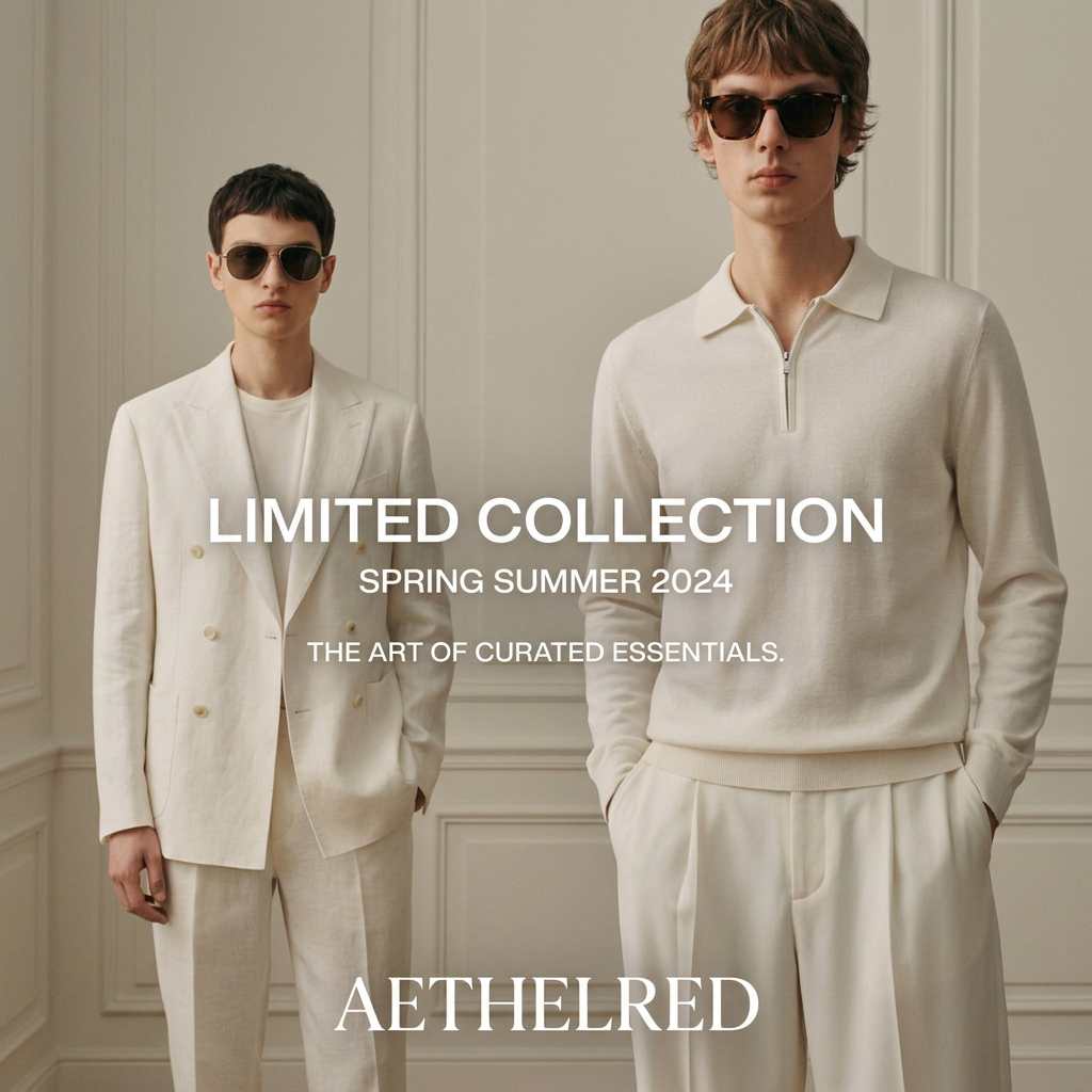 Two young men in sunglasses wearing ivory linen suit and cream knit polo in a white panelled room, Aethelred logo