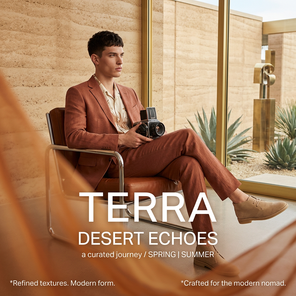 Man in a rust linen suit and suede boots holding a vintage camera on a chrome chair in a desert modernist house