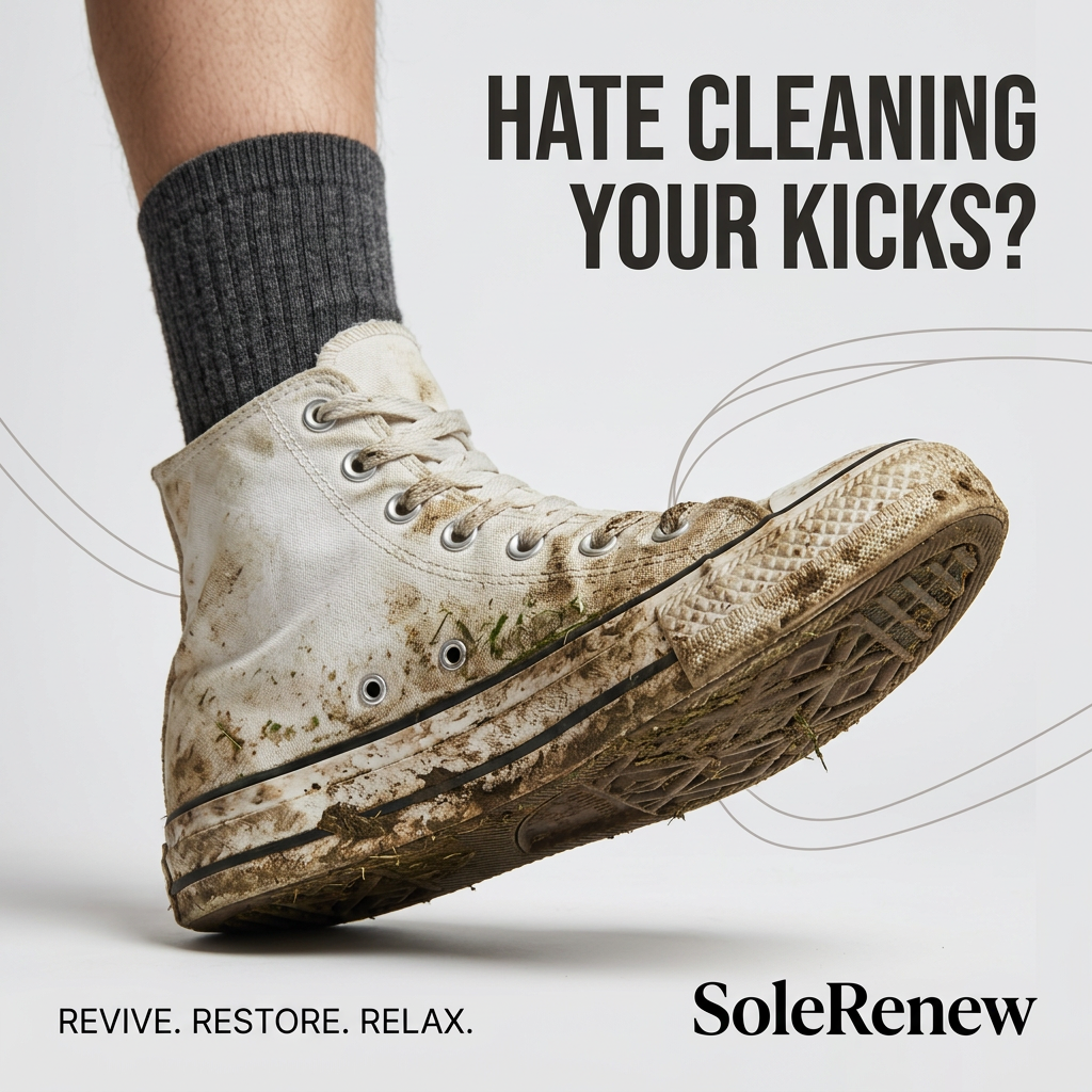 Muddy white canvas high-top sneaker mid-step on a light grey background with the headline Hate Cleaning Your Kicks?
