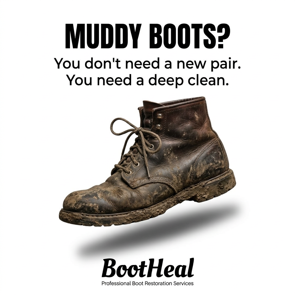 Mud-covered brown leather lace-up boot floating above its shadow on a white background under the headline Muddy Boots?