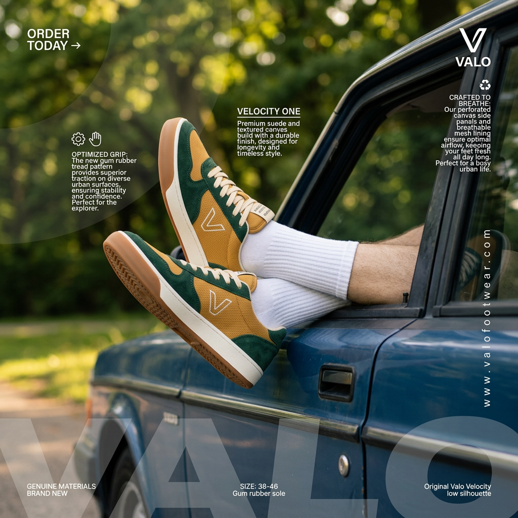 Feet in white socks and green and mustard suede sneakers resting out of a blue vintage car window, with feature callouts