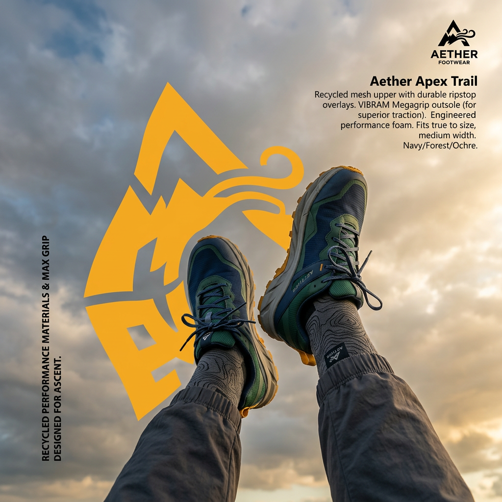 Feet in navy and green trail running shoes raised against a cloudy sunset sky beside a large yellow mountain logo