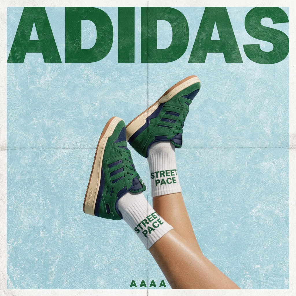 Legs in white Street Pace socks and green suede retro sneakers on a light blue poster background with a big brand name