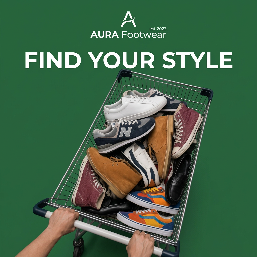Hands pushing a cart overflowing with sneakers, suede boots and loafers on a green background, headline Find Your Style