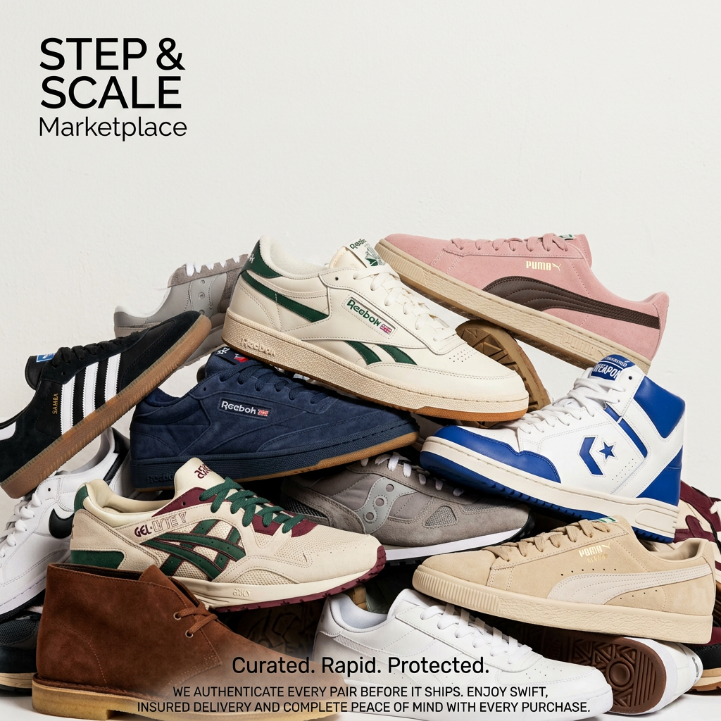 Large pile of retro sneakers from several well-known brands on a white background with the line Curated. Rapid. Protected.