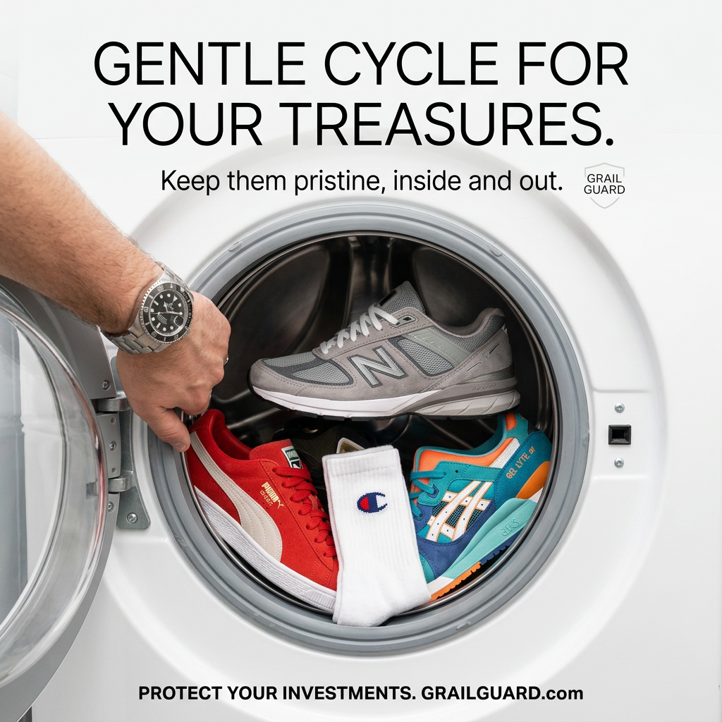 Hand with a luxury watch loading colourful premium sneakers and a white sock into a front-loading washing machine