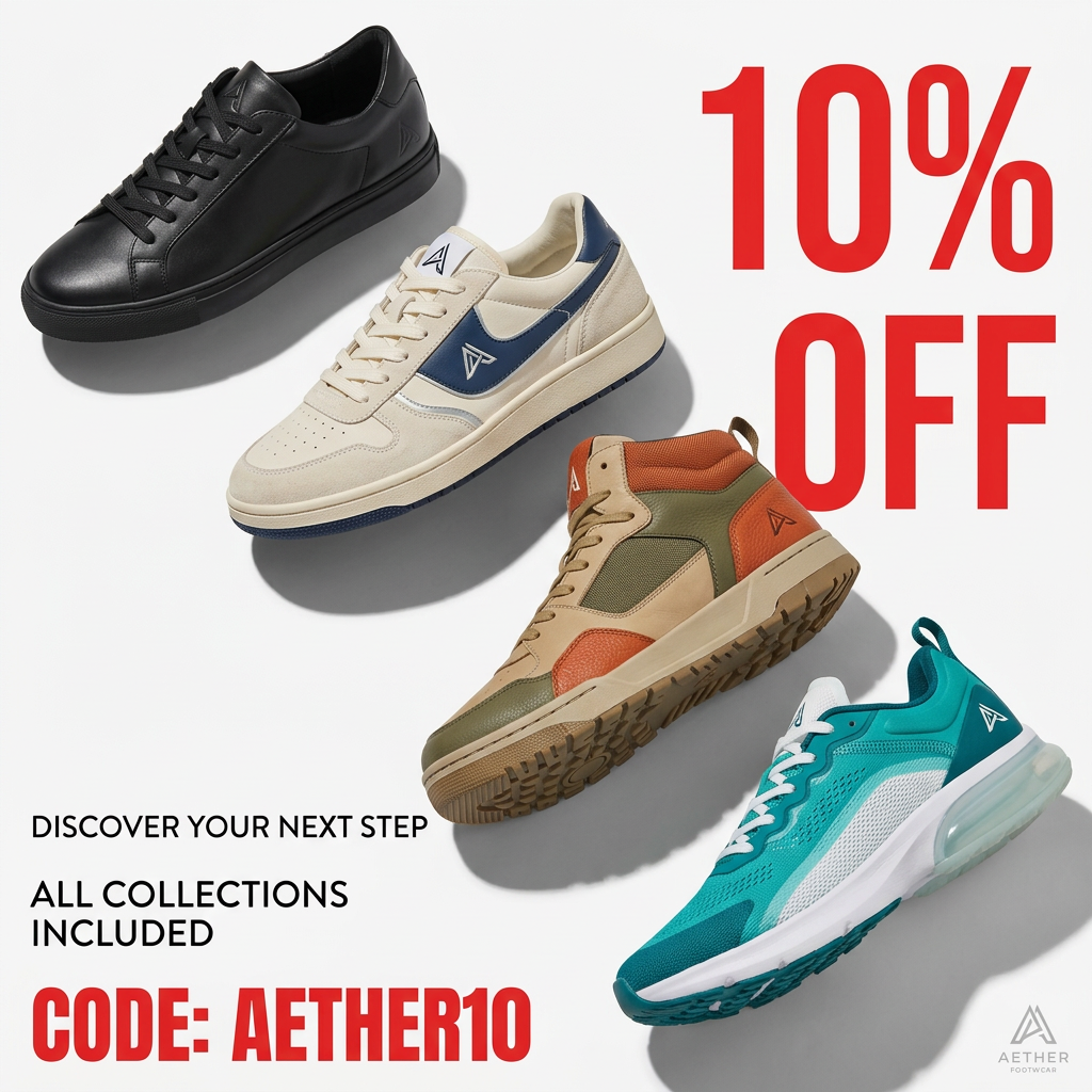 Four sneakers in black, cream and navy, earth tones and teal arranged diagonally on white with red 10% off and code AETHER10