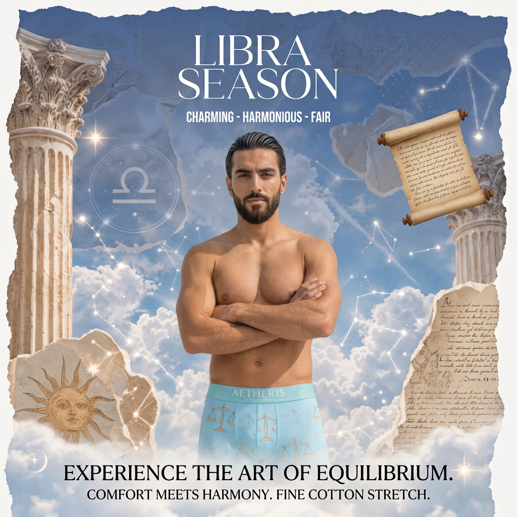 Shirtless man with crossed arms in light blue Libra print boxer briefs, set against clouds, Greek columns and constellations