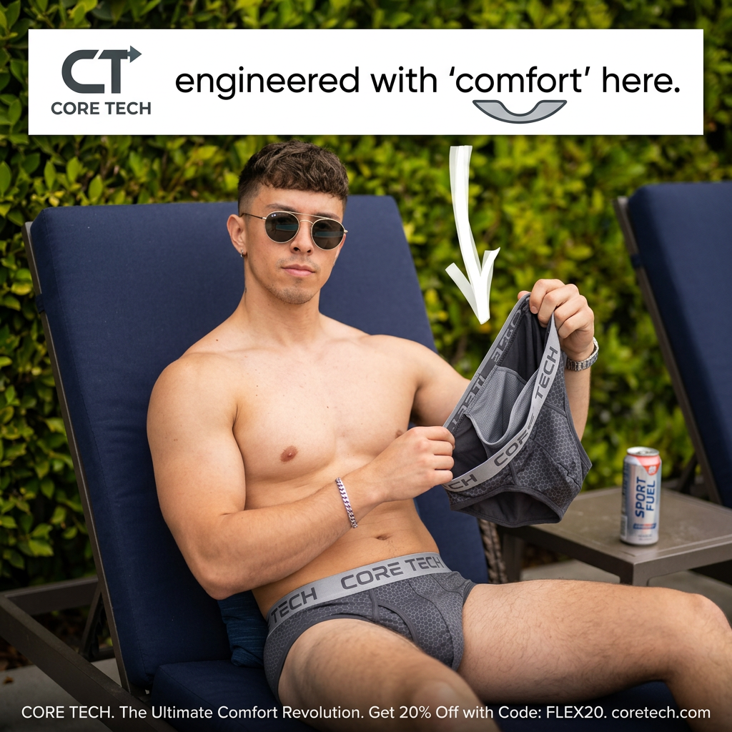 Man on a poolside lounger in grey Core Tech briefs, holding a spare pair with an arrow pointing at the support pouch