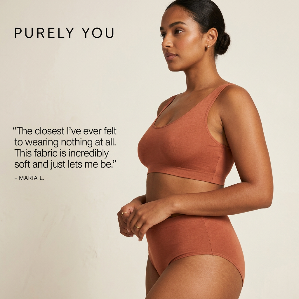 Woman in profile wearing a terracotta bralette and high-waist brief next to a customer quote on a cream background