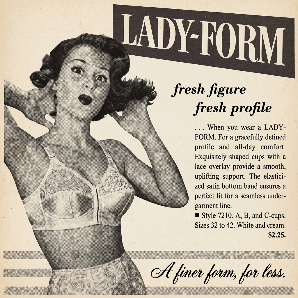 Black and white 1950s style ad with a surprised woman in a lace bra, Lady-Form banner, product copy and $2.25 price