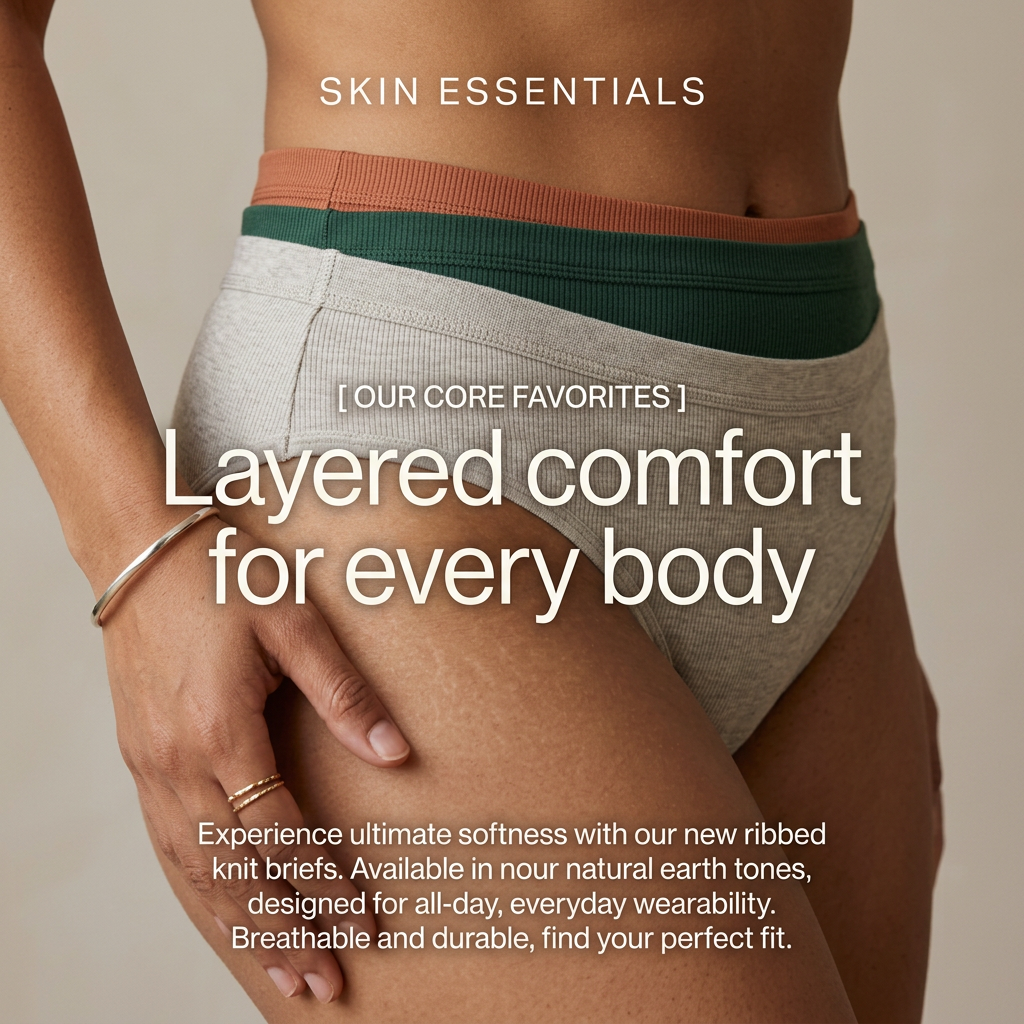 Close-up of a woman's hip wearing layered ribbed briefs in grey, green and rust with a centred headline