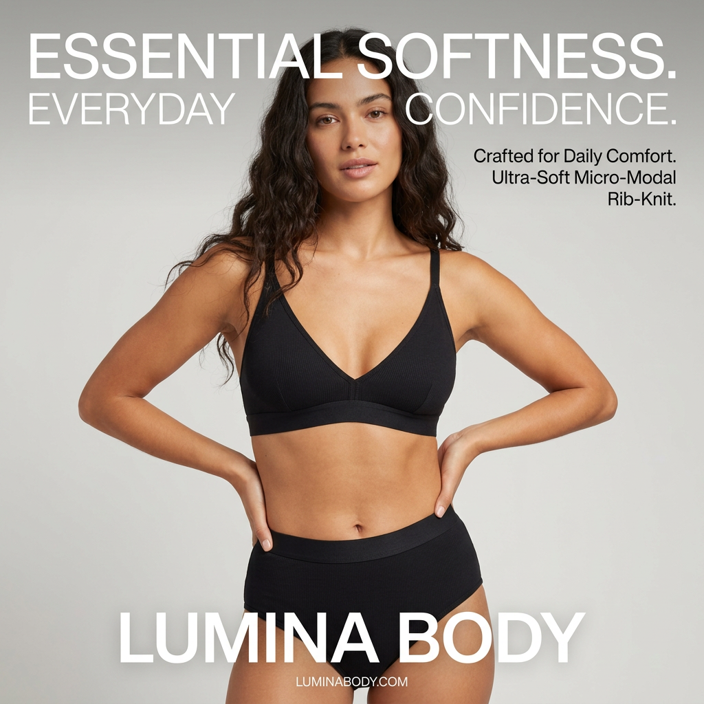 Woman in a black ribbed bralette and high-waist brief with hands on hips, headline at the top and Lumina Body at the bottom