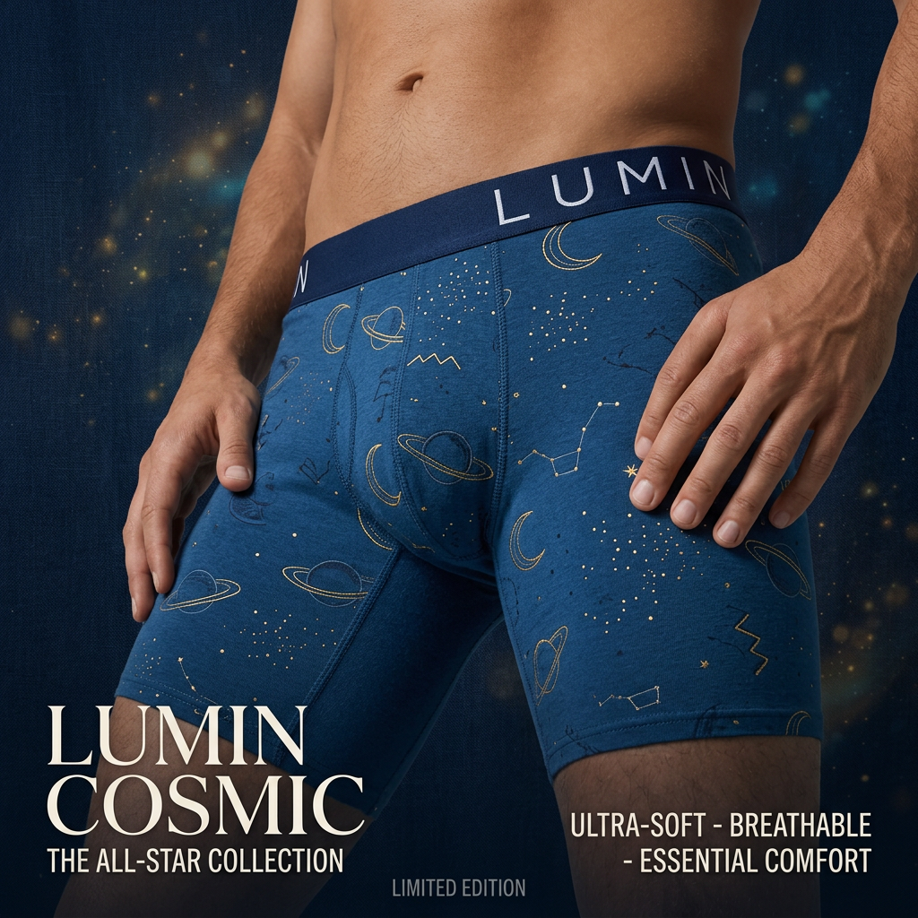 Close-up of a man in blue boxer briefs with gold planet and moon prints, on a navy background with golden bokeh stars