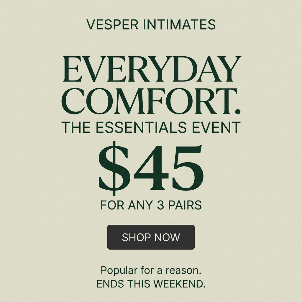 Text-only sage green ad from Vesper Intimates announcing $45 for any 3 pairs with a Shop Now button