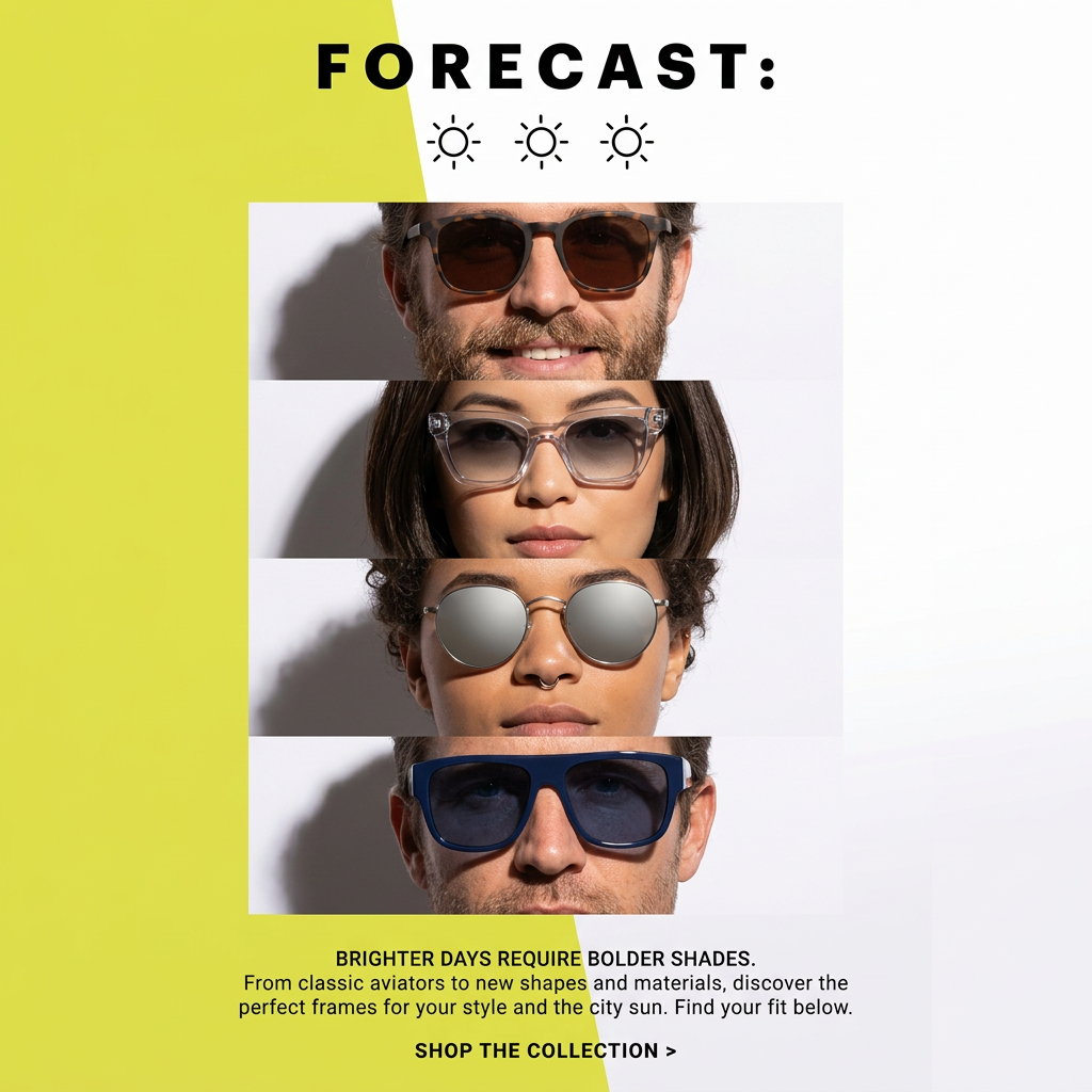 Four stacked face crops wearing tortoiseshell, clear, mirrored and navy sunglasses under a sunny forecast headline