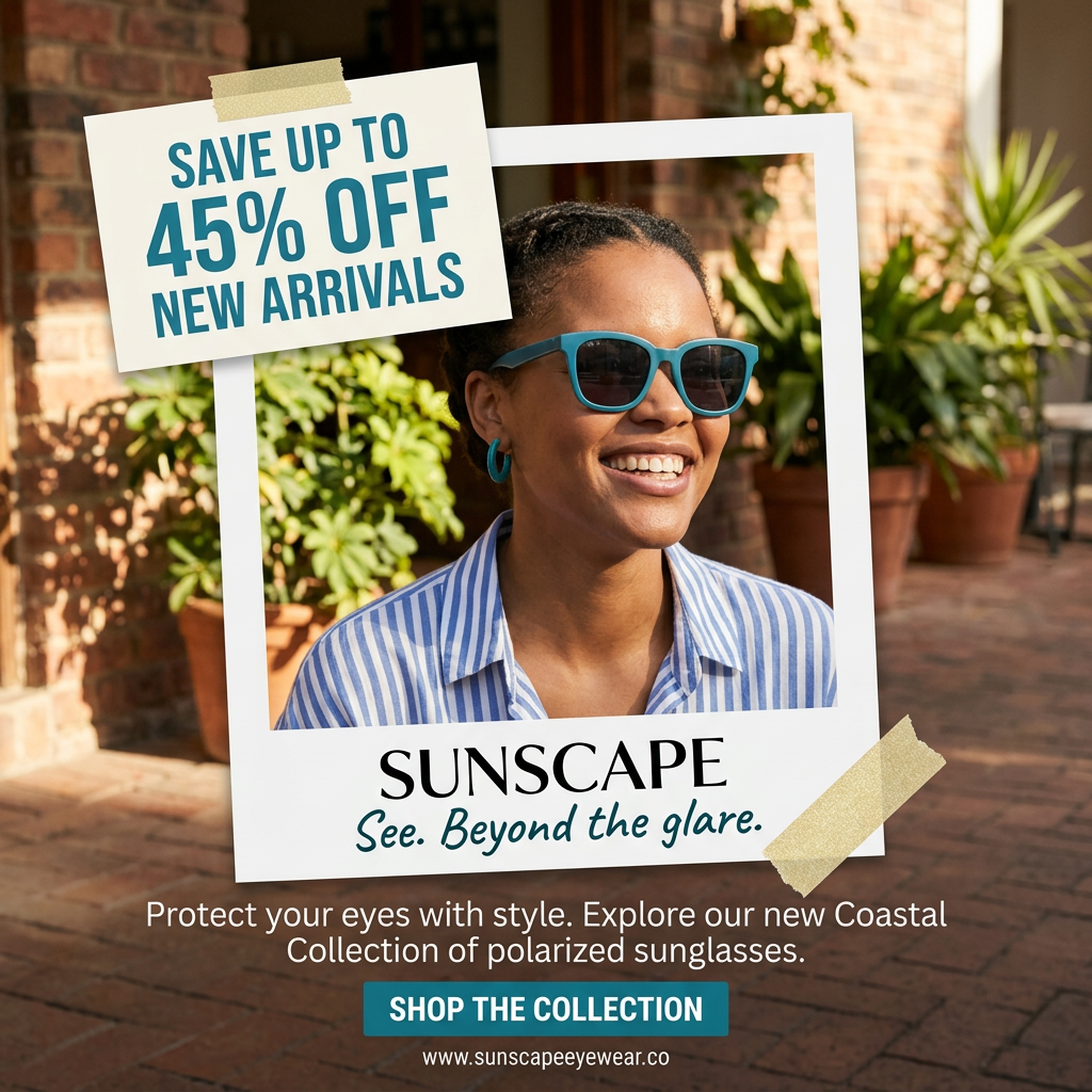 Smiling woman in teal sunglasses inside a taped polaroid frame with a save up to 45% off new arrivals note