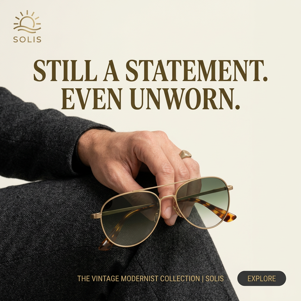 Hand with gold signet ring holding gold aviator sunglasses with green gradient lenses over a grey wool trouser leg