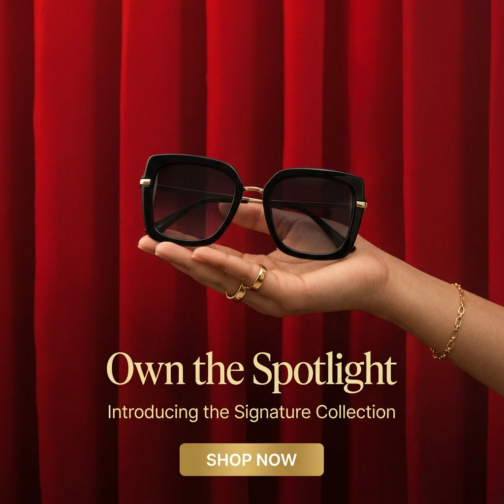 Open hand with gold rings and bracelet presenting oversized black sunglasses in front of a red velvet curtain