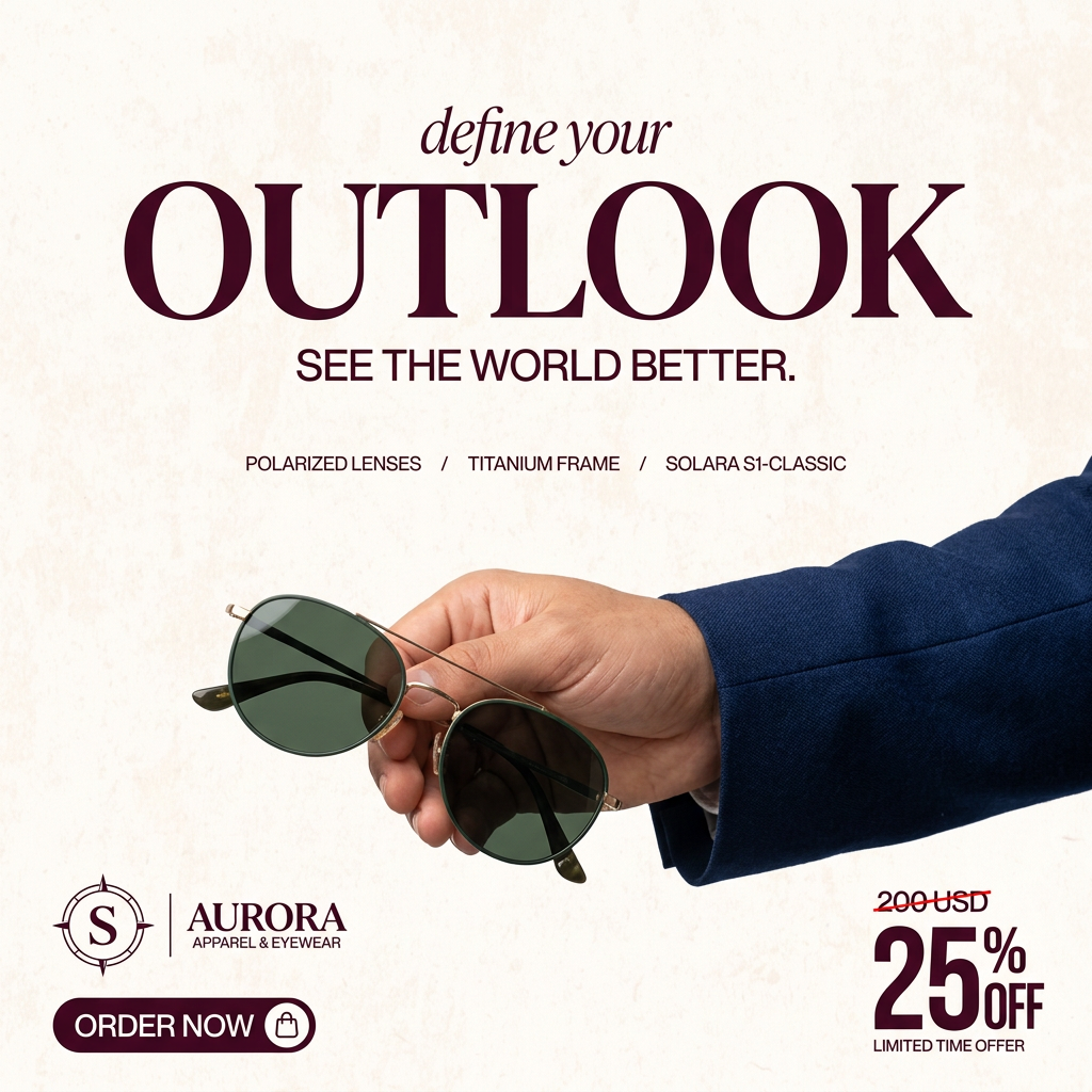 Hand in navy suit sleeve holding round titanium sunglasses with green lenses, headline Define Your Outlook and 25% off badge