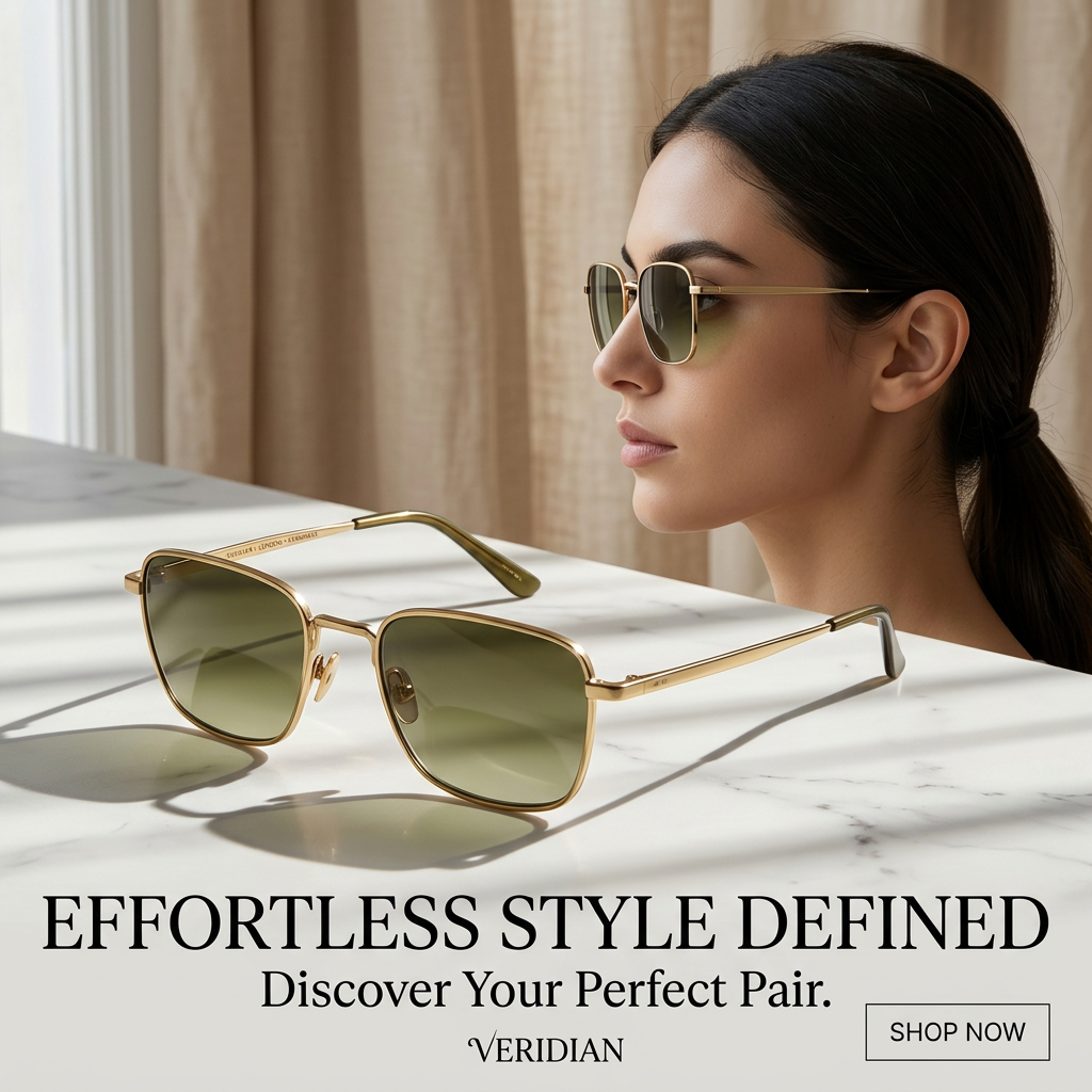 Gold square sunglasses with olive lenses on a marble table, woman in profile wearing the same frames by a linen curtain