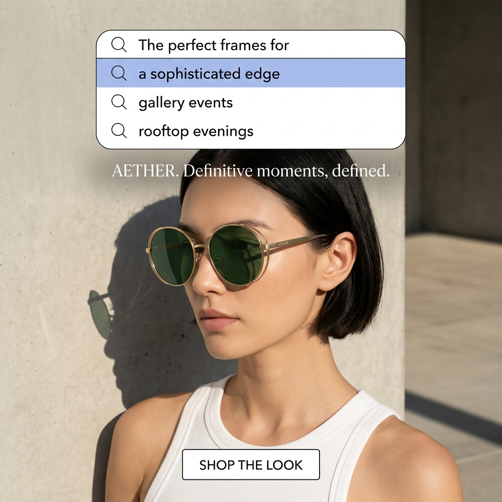 Woman in round gold sunglasses with green lenses against a concrete wall under a search bar with autocomplete suggestions