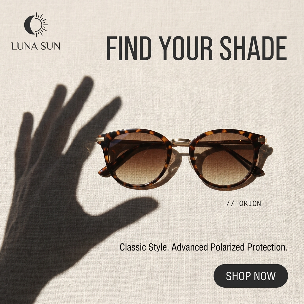 Tortoiseshell sunglasses with brown gradient lenses on beige linen with a hand shadow reaching toward them