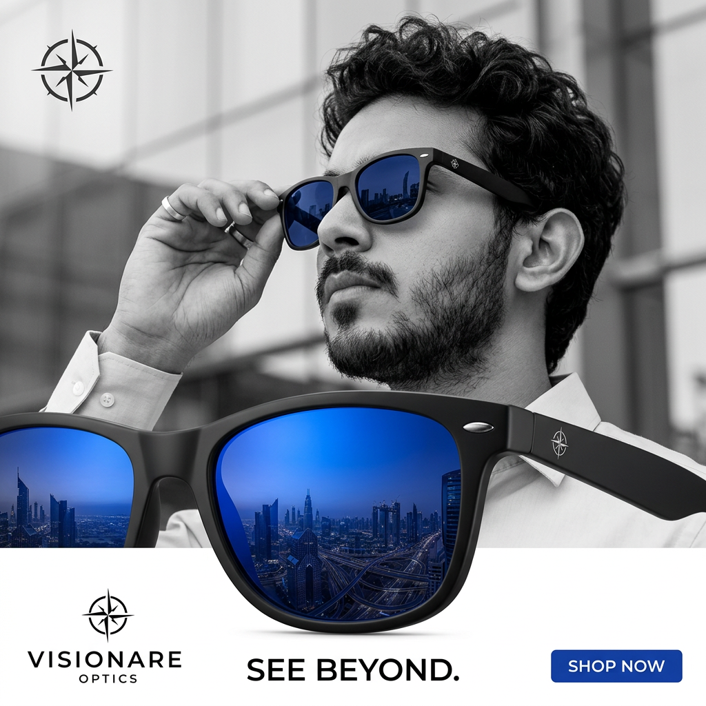 Black and white portrait of bearded man in sunglasses above an oversized pair with blue mirrored lenses reflecting a skyline