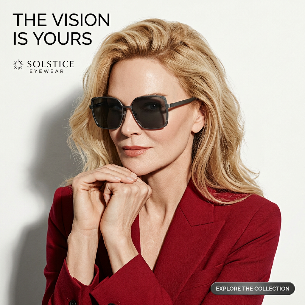 Confident blonde woman in red blazer wearing square gunmetal sunglasses with chin resting on hands against a white wall