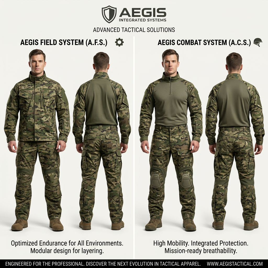 Split-screen ad showing a model in two camouflage tactical uniforms, front and back, labelled Field System and Combat System