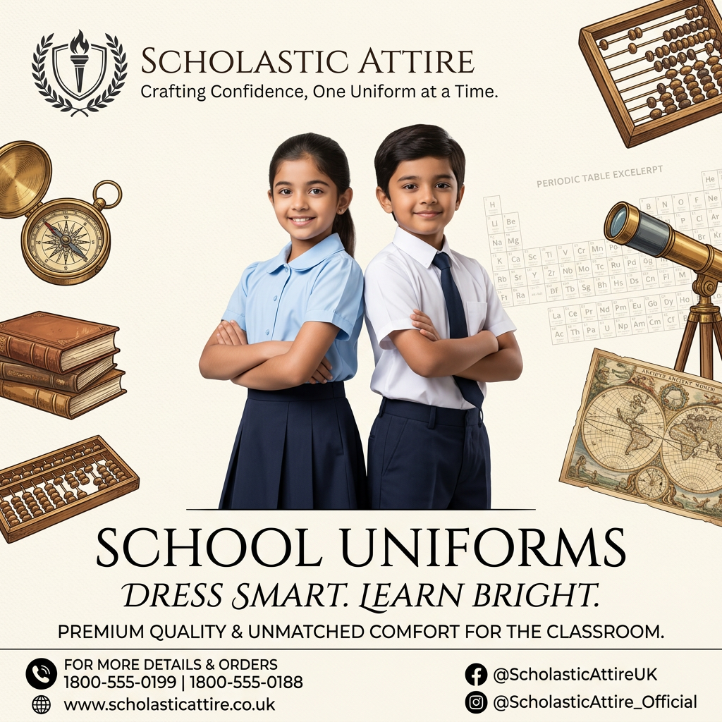 Two smiling pupils in school uniform with arms crossed, surrounded by drawings of books, a compass, telescope and map