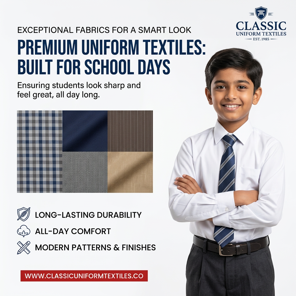 Grid of five uniform fabric swatches next to a smiling boy in white shirt and striped tie, with three icon benefit callouts