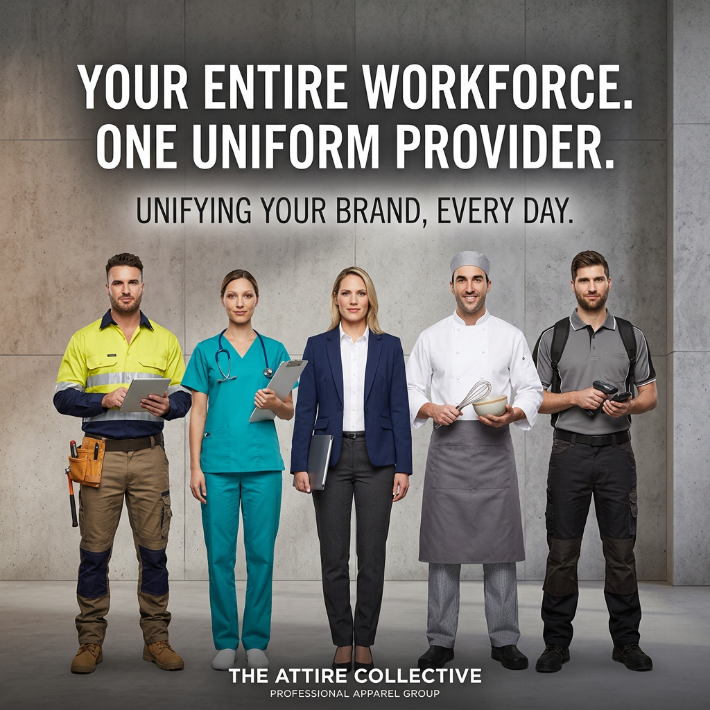 Five workers in hi-vis, nurse scrubs, office suit, chef whites and logistics gear standing in a row against a concrete wall